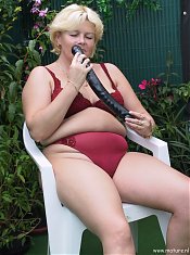 Horny blonde housewife playing with herself